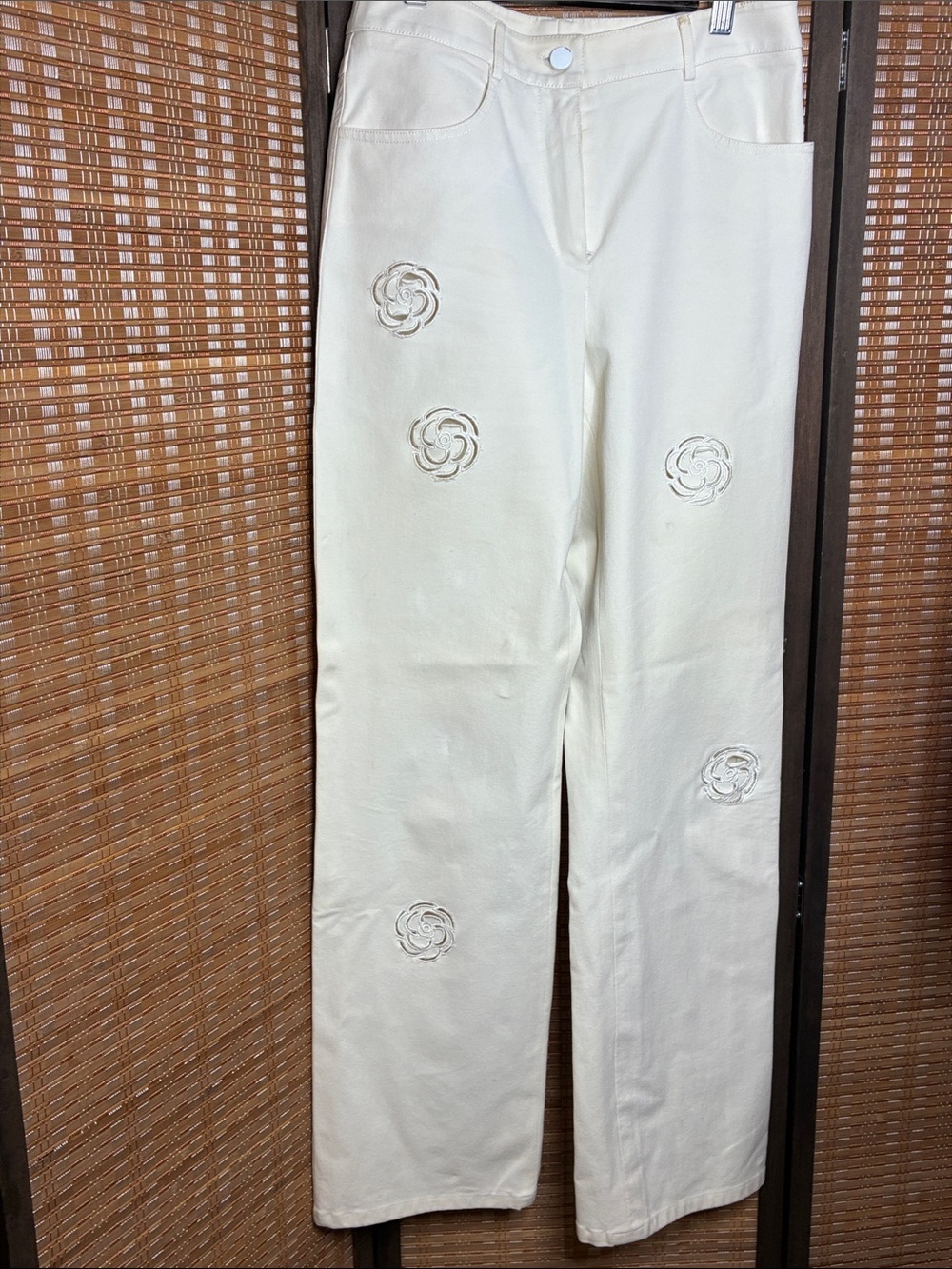 Carlisle Cream Wide-Leg Pants with Floral Cutout Details